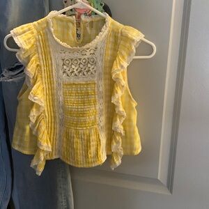 Free People Gingham Yellow and white ruffle and lace crop top